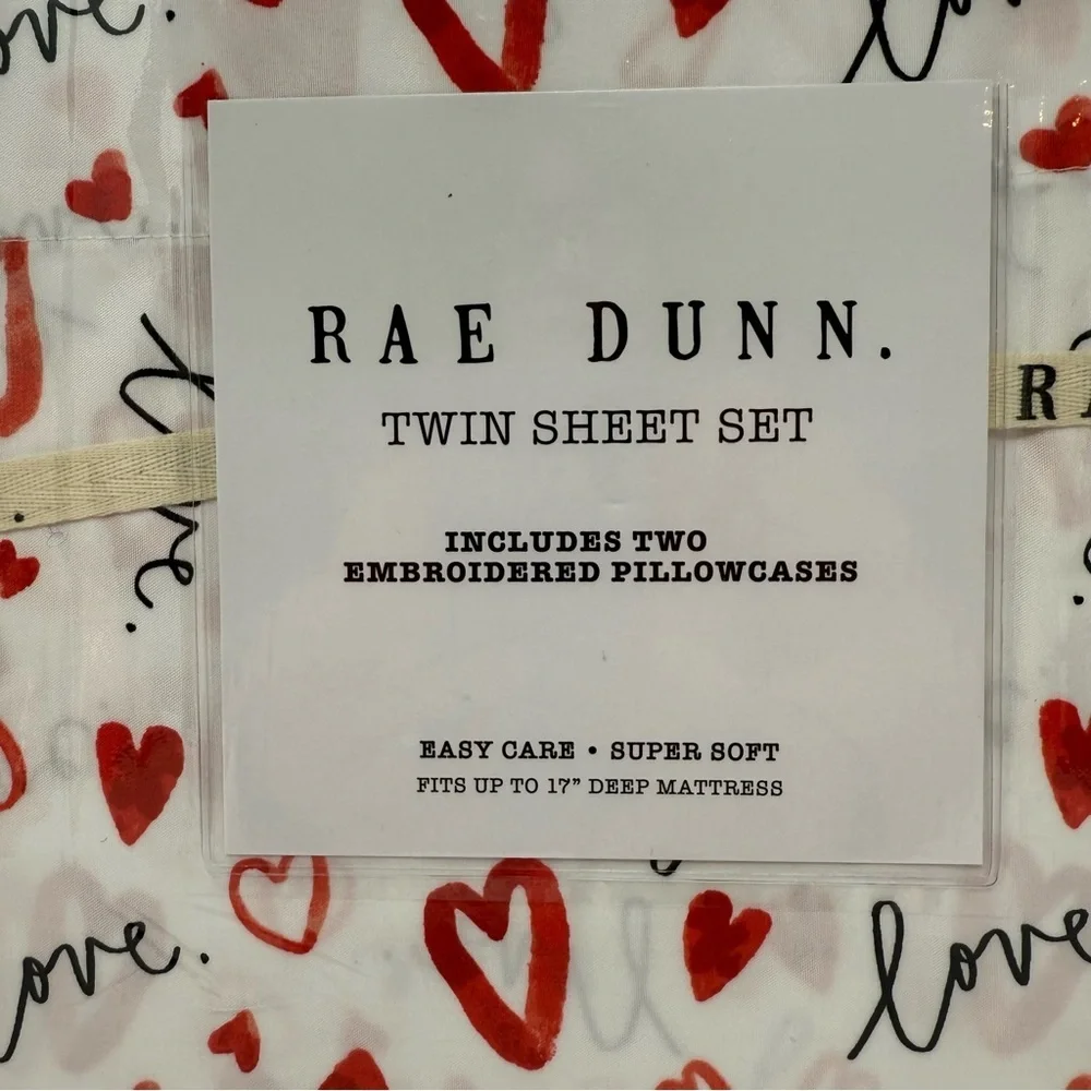 Rae Dunn Twin sheet set Love heart Valentines Day red white NWT